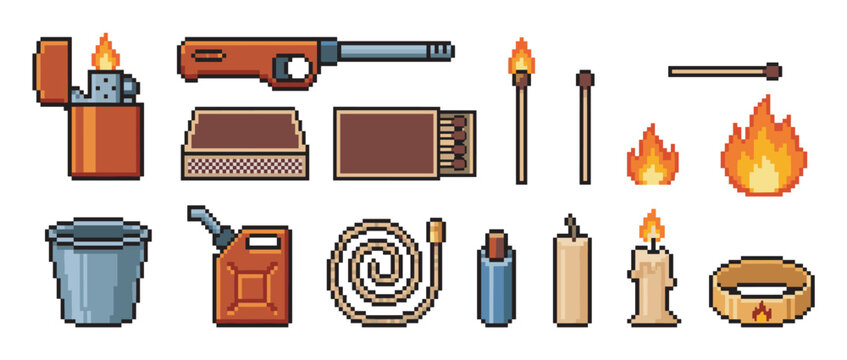 Pixel art icon set of fire-related objects including a lighter, matches, candle, and gas can, designed as retro 8-bit video game sprites for a survival or adventure theme