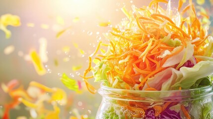 Macro shot of fermented vegetables in a glass jar, including cabbage and carrots. Freshness and healthy homemade preparation.