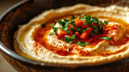 A smooth hummus surface glistens with chili oil and seasoning.