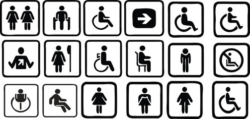 Toilet icon set. WC sign. Washroom, male, female