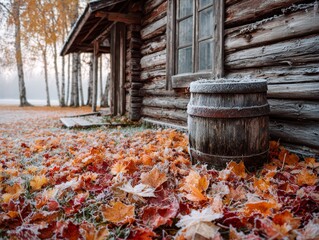 Rustic wooden cabin with barrel surrounded by autumn leaves  
