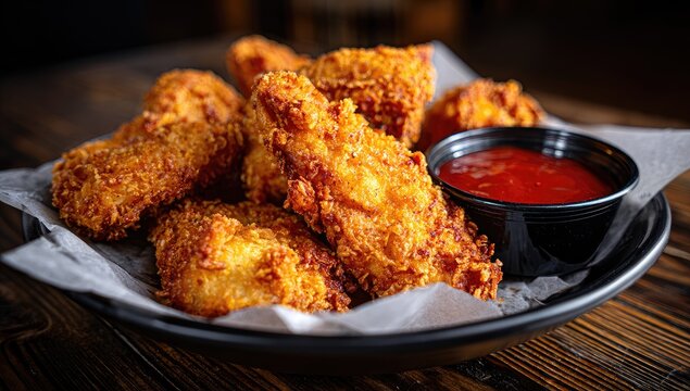 Crispy golden fried chicken tenders served with a side of dipping sauce