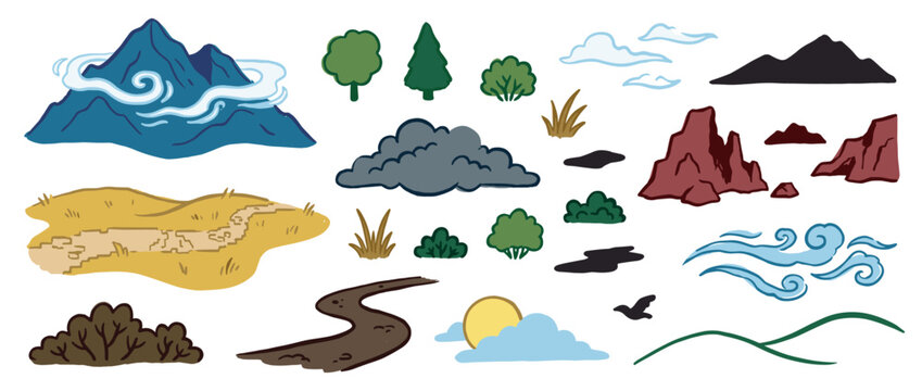 Collection of hand-drawn nature elements including mountains, trees, clouds, rocks, sun, and a winding path in a rustic, cartoon illustration style for creating outdoor scenes