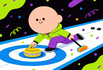 Naklejka premium cute cartoon figure playing curling on vibrant colorful ice rink with cheerful expression