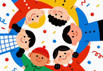 Fototapeta premium diverse group of children holding hands forming a circle, festive colorful background