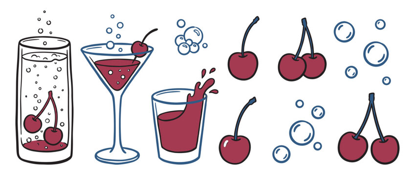 Hand-drawn cherry cocktail and fruit illustrations set with various glasses, fresh berries, fizzy bubbles, and liquid splashes in a simple doodle cartoon vector style