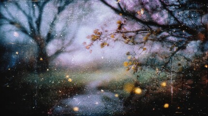 Fototapeta premium A forest scene emerges through thick autumn mist. The atmosphere conveys timeless mystery and emotional stillness.