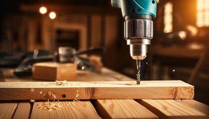 the power drill drilling a wooden board on a workbench in a workshop