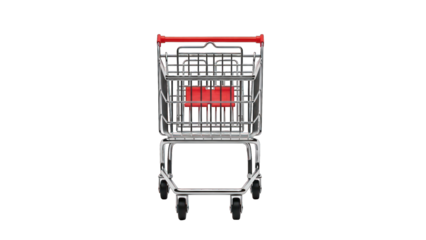 Straight-on shot of a shopping cart, red accents, metallic, on a black background