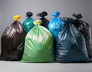 the garbage bags lined together containing mixed household waste and recyclables on gray background