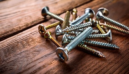 the screw close up on rustic wooden surface with scattered metal screws