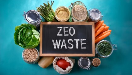 the zero waste chalkboard surrounded by pantry staples and fresh produce