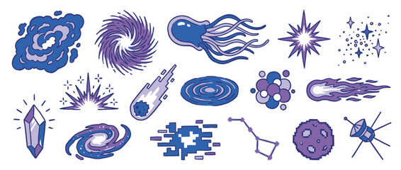 Obraz premium Collection of hand-drawn space icons in blue and purple, featuring galaxies, stars, comets, and a satellite in a fun doodle style for cosmic and science fiction themes