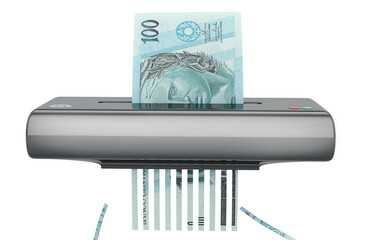 Brazilian Real Money Shredder &ndash; 100 Reais Banknote, 3D Illustration, Transparent Background (Defragmenter in Brazil)