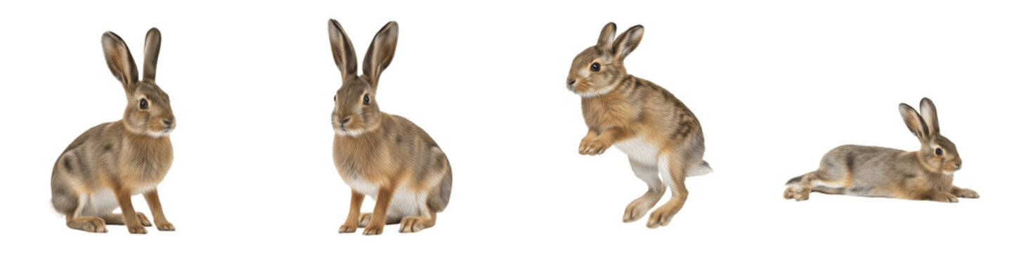 Four European Hare Poses PNG Set Isolated on White Background - Realistic Lepus Europaeus Graphics for Meadow Wildlife, Nature Education, and Spring Season Design