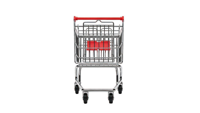 Straight-on shot of a shopping cart, red accents, metallic, on a black background
