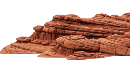 Striated, reddish-brown rock formations with layered patterns and rugged textures against black