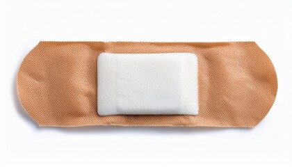 close up of a beige fabric adhesive bandage with white absorbent pad image isolated on white background cut out