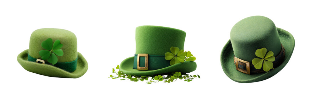 Set of Festive green felt leprechaun hat with black band and gold buckle on transparent png background. Ai generated