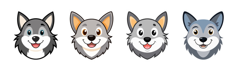 Obraz premium Set of cute cartoon wolf heads smiling. adorable vector animal faces.