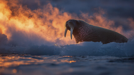 Fototapeta premium A walrus emerges from icy waters, its tusks and whiskers prominent against a backdrop of swirling mist and orange light. The scene captures the rugged beauty of its Arctic habitat.
