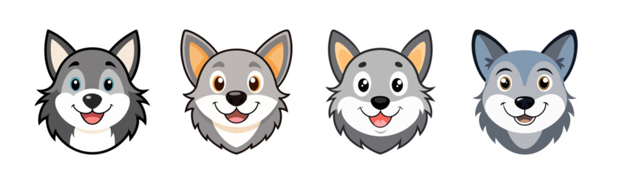 Set of cute cartoon wolf heads smiling. adorable vector animal faces.