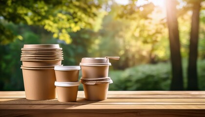 the eco friendly disposable food containers and cups displayed on wooden table outdoors