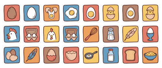 Fototapeta premium Charming collection of hand-drawn egg and chicken icons showing various breakfast foods and cooking elements in a cute, colorful cartoon doodle illustration style