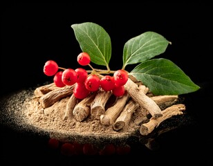 ashwagandha roots with red berries and green leaves on black background dried plant isolated on white background cut out