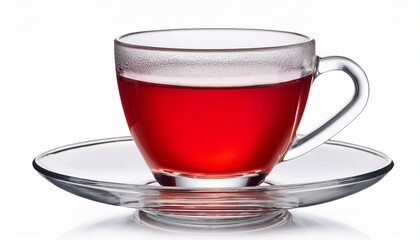 clear glass cup filled with bright red liquid on a matching saucer drink beverage isolated on white background cut out