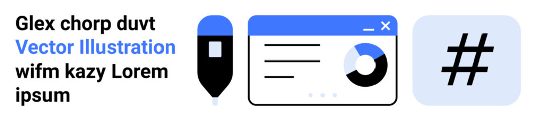 Fototapeta premium Pen, browser window displaying analytics chart, and metadata tag icon. Ideal for data-driven projects, social networks, content marketing, creativity, analytics, research and simple landing page