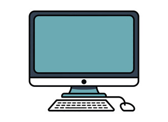 Fototapeta premium A cartoon-style illustration of a computer monitor with a keyboard and mouse on a plain white background