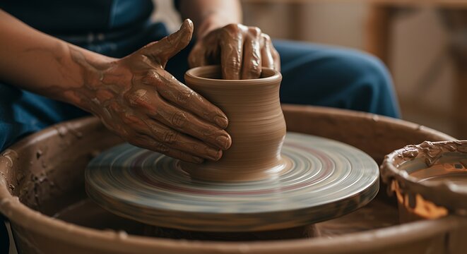A potters skilled hands shape clay on a spinning pottery wheel in a workshop - Powered by Adobe