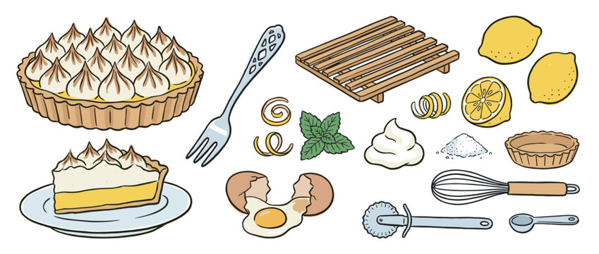 Collection of lemon meringue pie ingredients and baking utensils in a hand-drawn illustrative style showing the process of making a delicious homemade dessert with fresh fruit