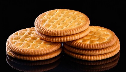 stack of golden brown textured round biscuits on black background cookie food isolated on white background cut out