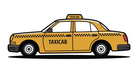 A yellow taxicab with a checkered stripe and black lettering on a white background