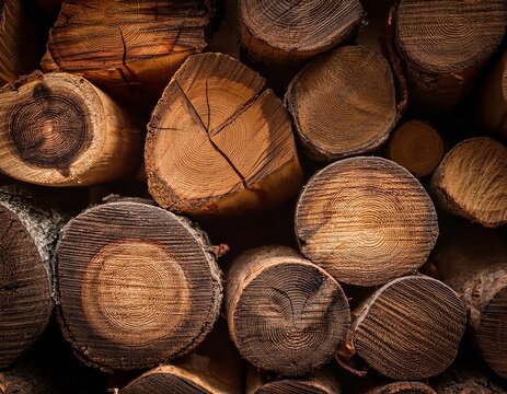 the firewood stack in a rustic woodpile closeup showing warm textured cut logs - Powered by Adobe
