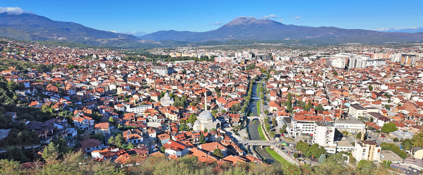 A drone shot of Prizren, Kosovo