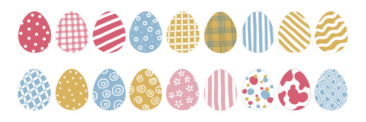 Vector illustration set of decorative Easter eggs with various patterns and ornaments. Ideal for holiday design, packaging, greeting cards, and spring projects.