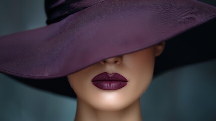 Fashion portrait of a woman wearing a large purple hat hiding her eyes with dark plum lipstick