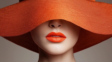 Fashion portrait of a woman wearing a large orange hat hiding her eyes with matching lipstick