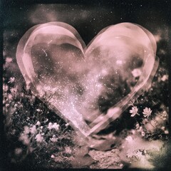 Grainy, textured photo of Valentines Day decorations on film. Nostalgic charm and analogue imperfection.