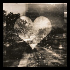 Grainy, textured photo of Valentines Day decorations on film. Nostalgic charm and analogue imperfection.