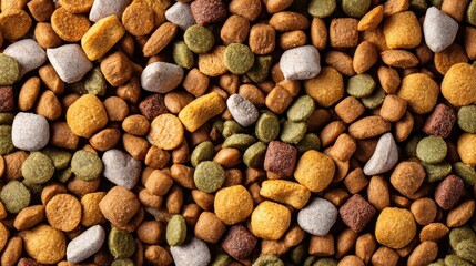 Assorted colorful dry pet food kibble for cats and dogs.