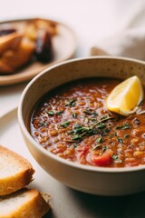 Harira soup served hot with aromatic spices and citrus. Cultural tradition and comforting taste.