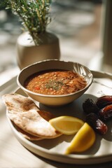 A warm bowl of harira soup with lentils, tomatoes, herbs, and fresh lemon. Comfort food and traditional Moroccan cuisine.