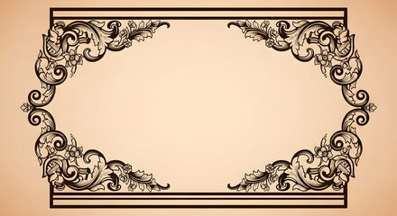 Fototapeta premium Elegant Vintage Ornate Frame with Floral Scrollwork on Beige Background