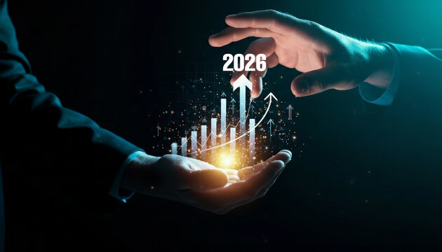 Two hands create a visual representation of significant business growth, with a glowing bar chart emerging from one palm and the year 2026 above, signifying future success.