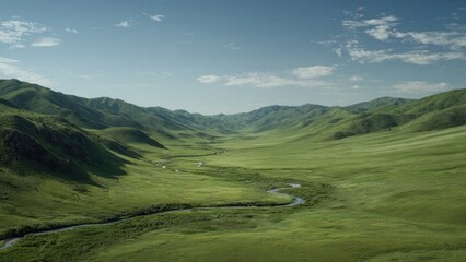 Obraz premium Idyllic Green Valley Landscape with Winding River
