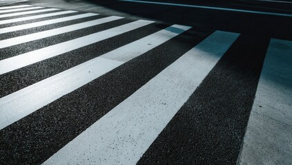 Fototapeta premium A close-up view of a pedestrian crossing with stark white stripes on dark asphalt